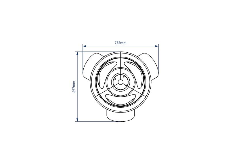 Technical render of a 4-Way Funnel Ball Chute